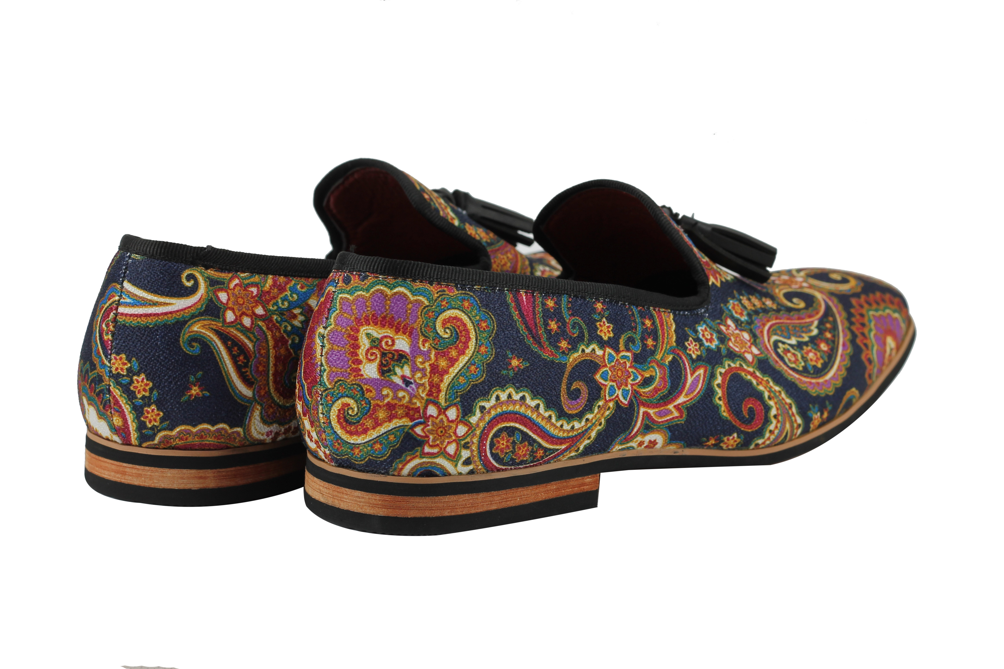 Mens Leather Tassel Loafer Vintage Designer Style Paisley Print Shoes Black  Blue